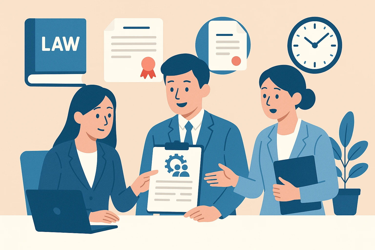 36協定と特別条項を象徴する労使協定書を確認する人事担当者のイラスト（労働法・契約・時間管理のイメージ）