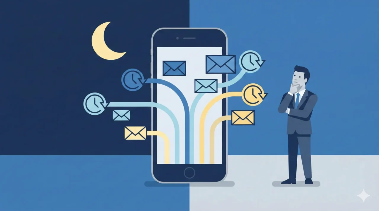 夜間にスマートフォンから届く仕事の通知と、対応に悩むビジネスパーソンのフラットデザインイラスト。