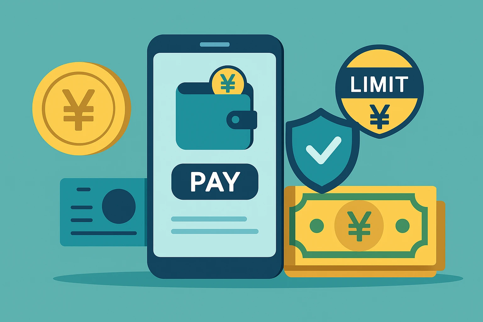 給与デジタル払いの上限をイメージしたフラットデザインのスマホ決済と上限表示のイラスト
