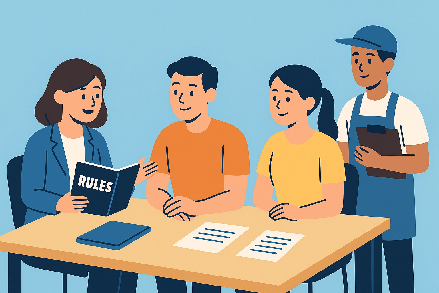 人事担当者とパート・アルバイトが職場ルールを話し合う様子を描いたフラットデザインのイラスト。