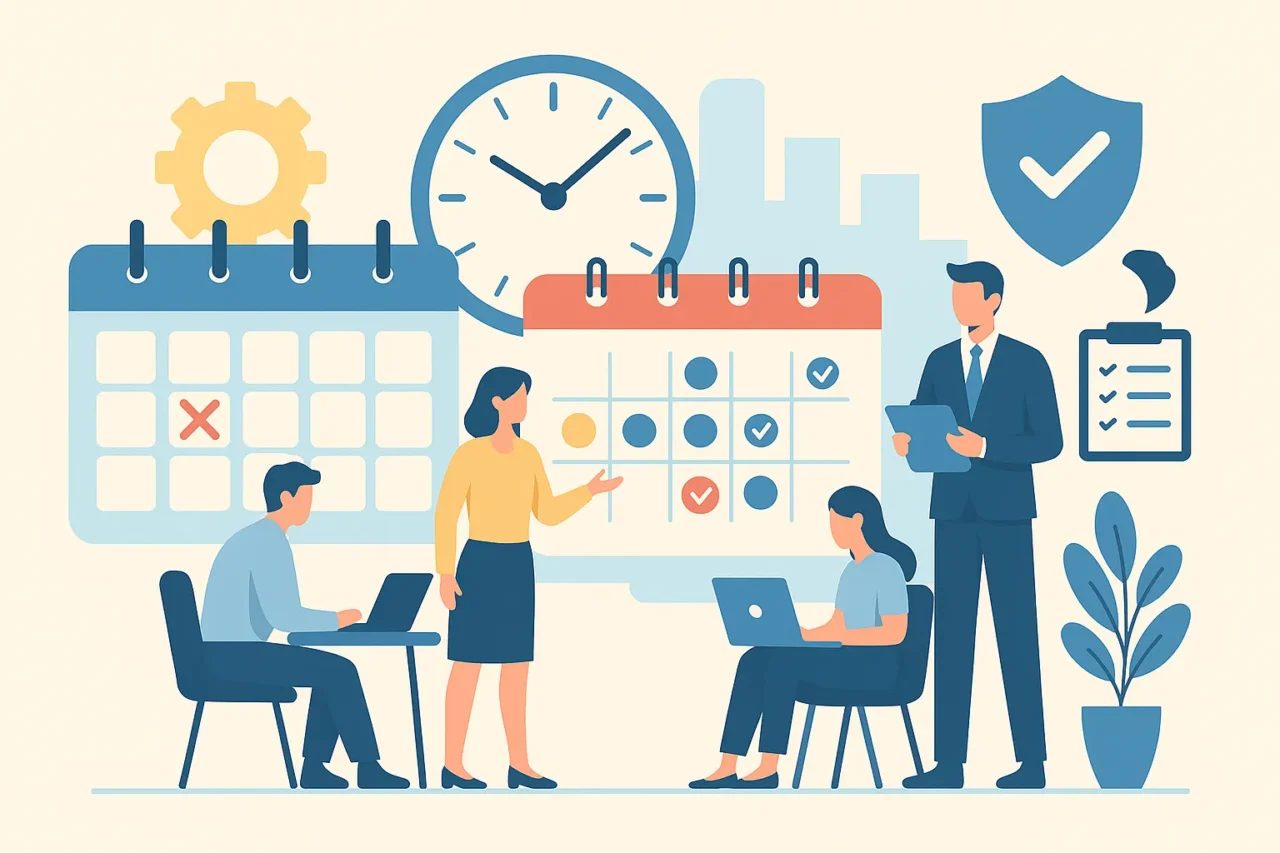 2026年の労働基準法改正による企業への影響を象徴するフラットデザインのイラスト