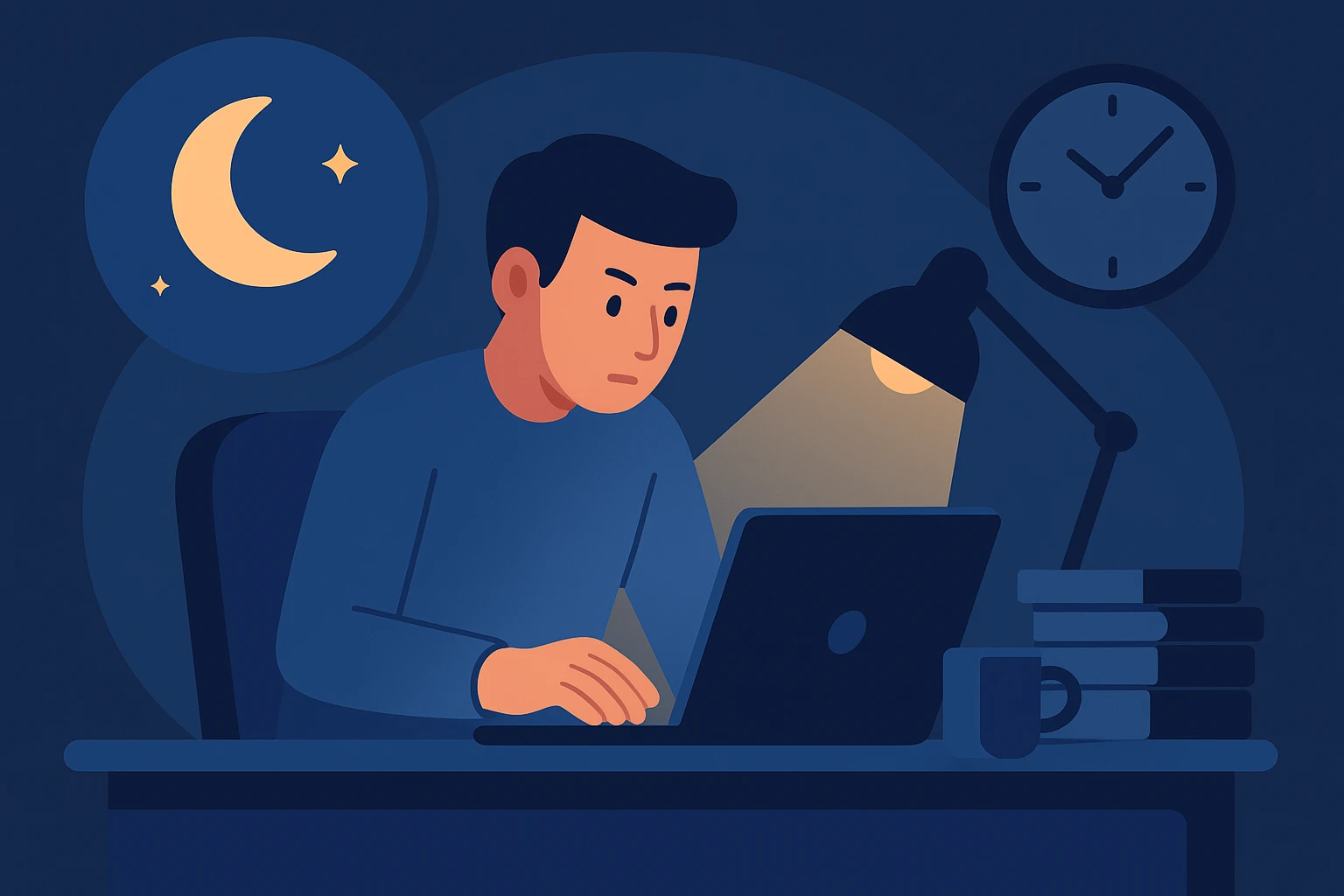 深夜にデスクで働く人物と夜間の時計を描いたフラットデザインの深夜残業イメージ画像