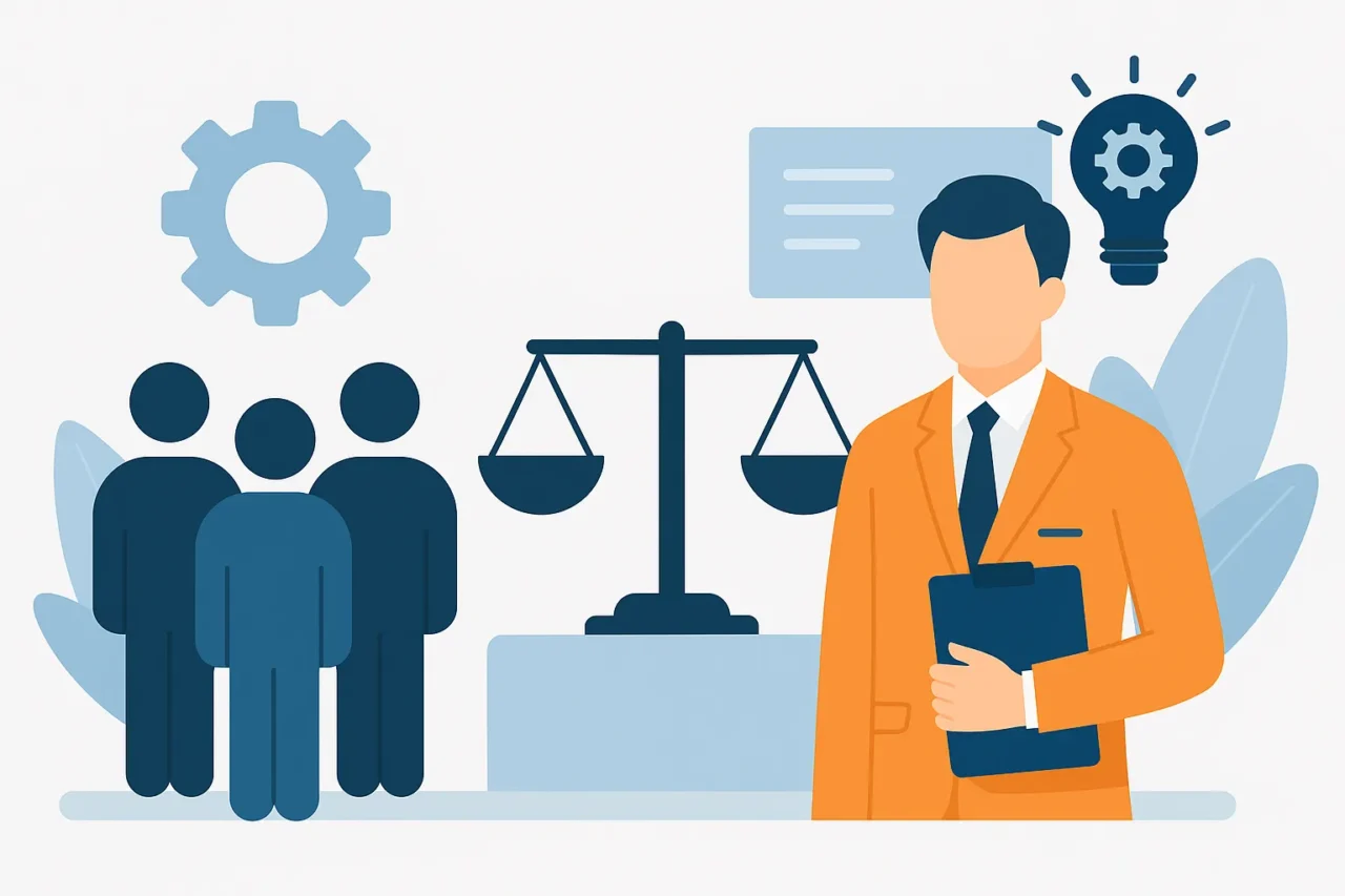 管理監督者と一般従業員の役割の違いをイメージとして表現したフラットデザインの図