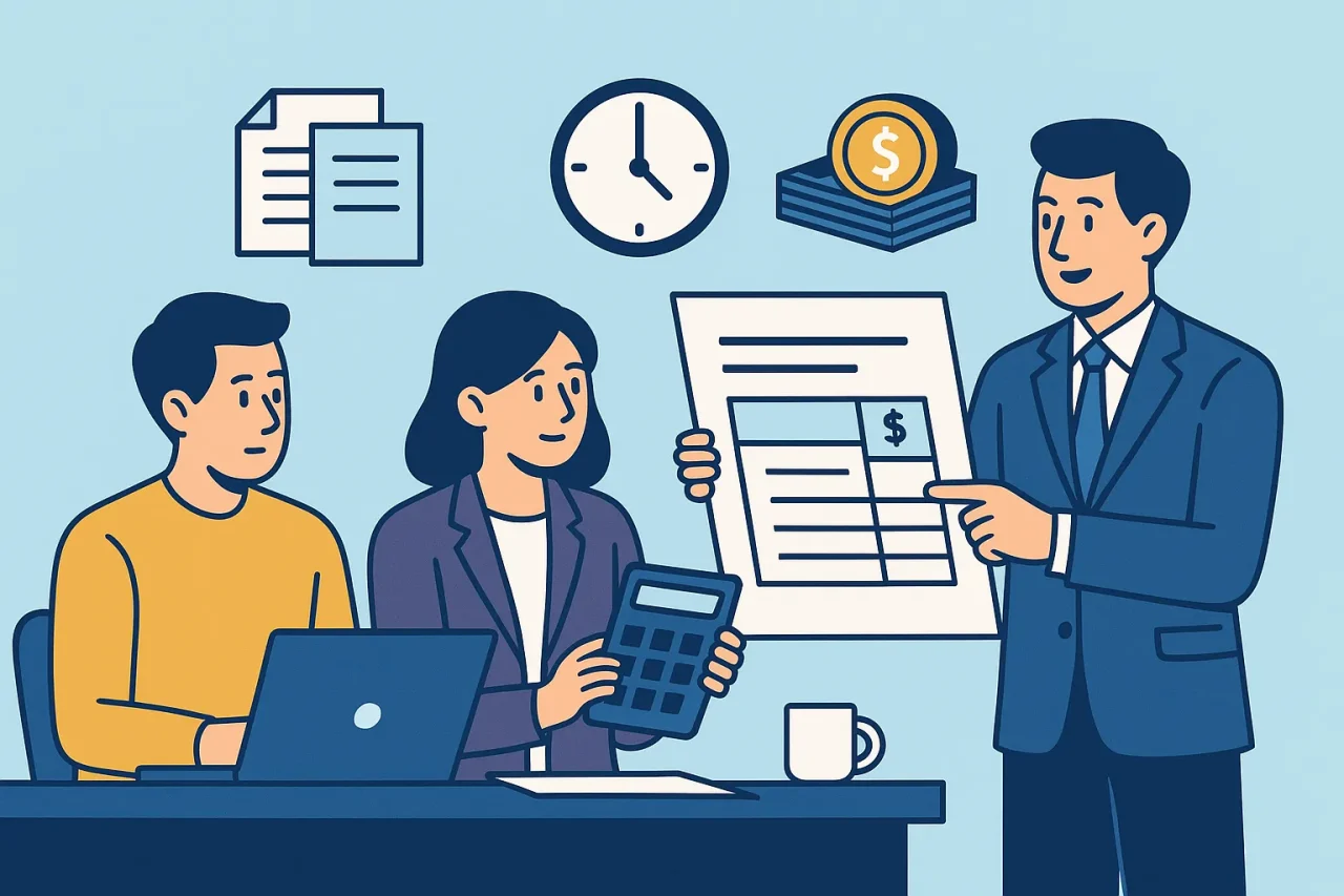 残業代の計算や手当の管理を確認する人事担当者と従業員を描いたフラットデザインのイラスト