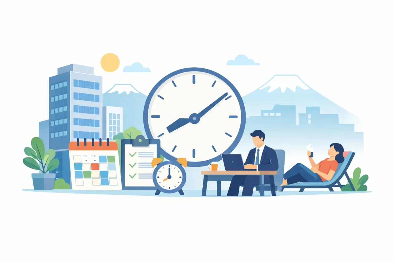 勤務間インターバル義務化と企業の労務管理をイメージしたイラスト