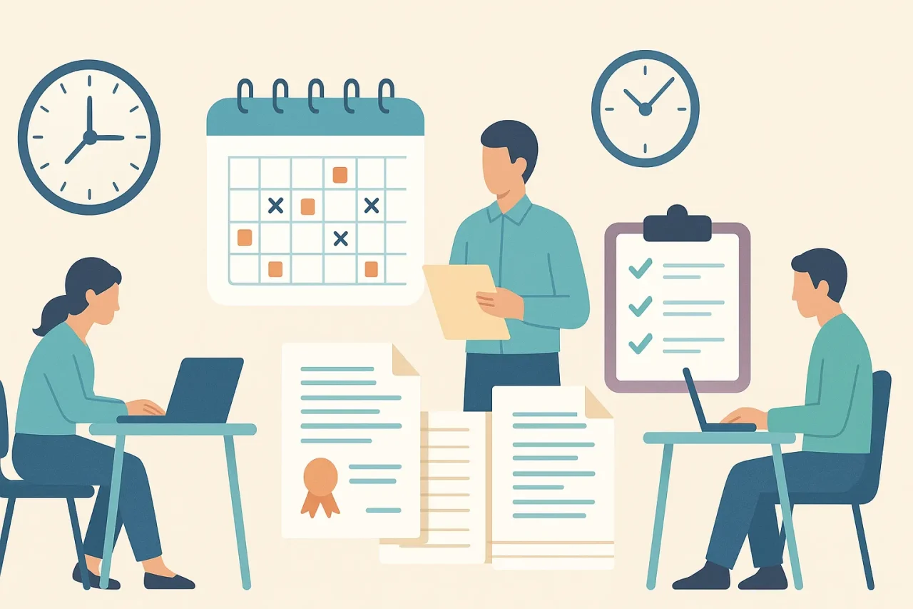 労働時間の定義や管理方法をイメージした時計・カレンダー・書類などのフラットデザインイラスト