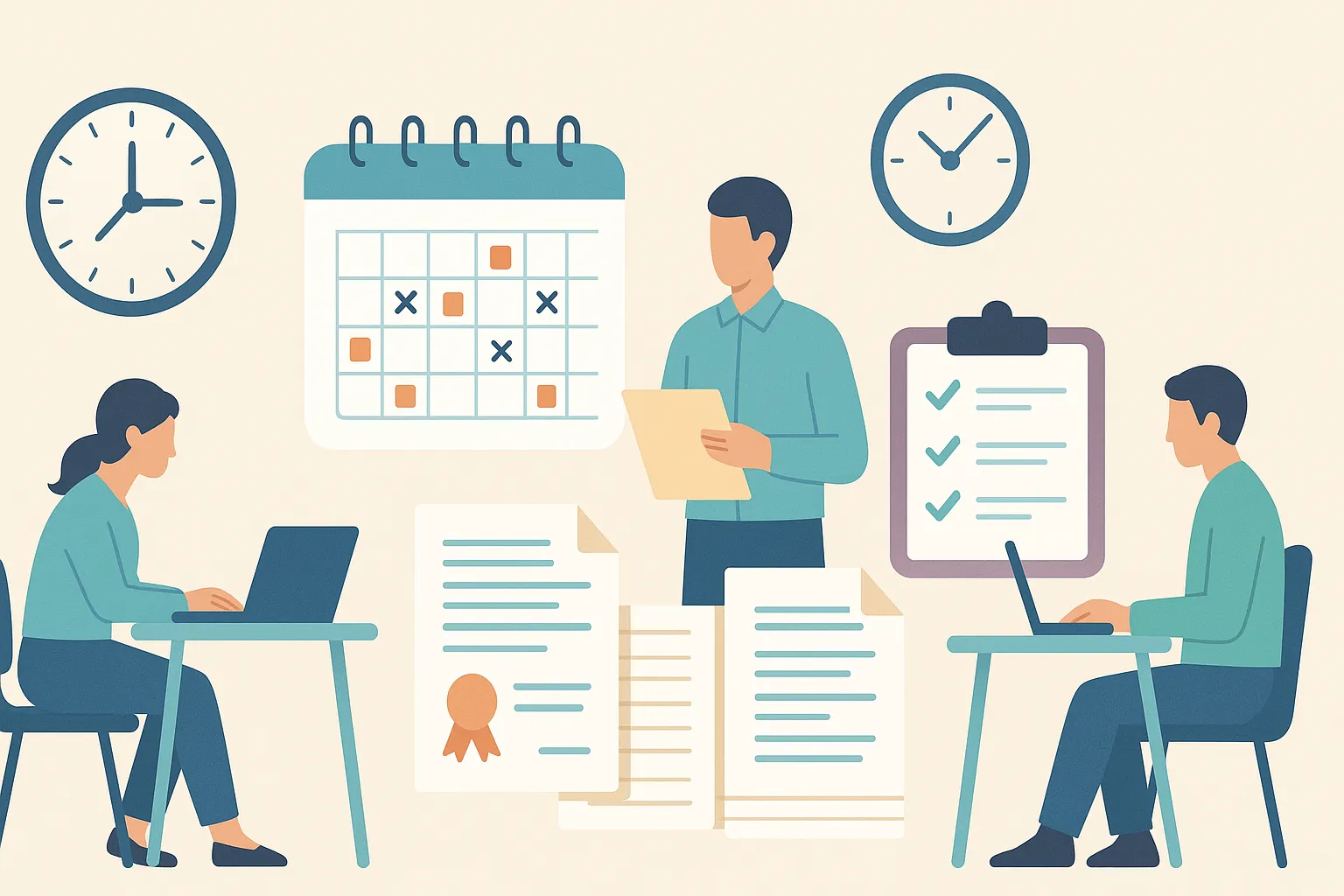 労働時間の定義や管理方法をイメージした時計・カレンダー・書類などのフラットデザインイラスト